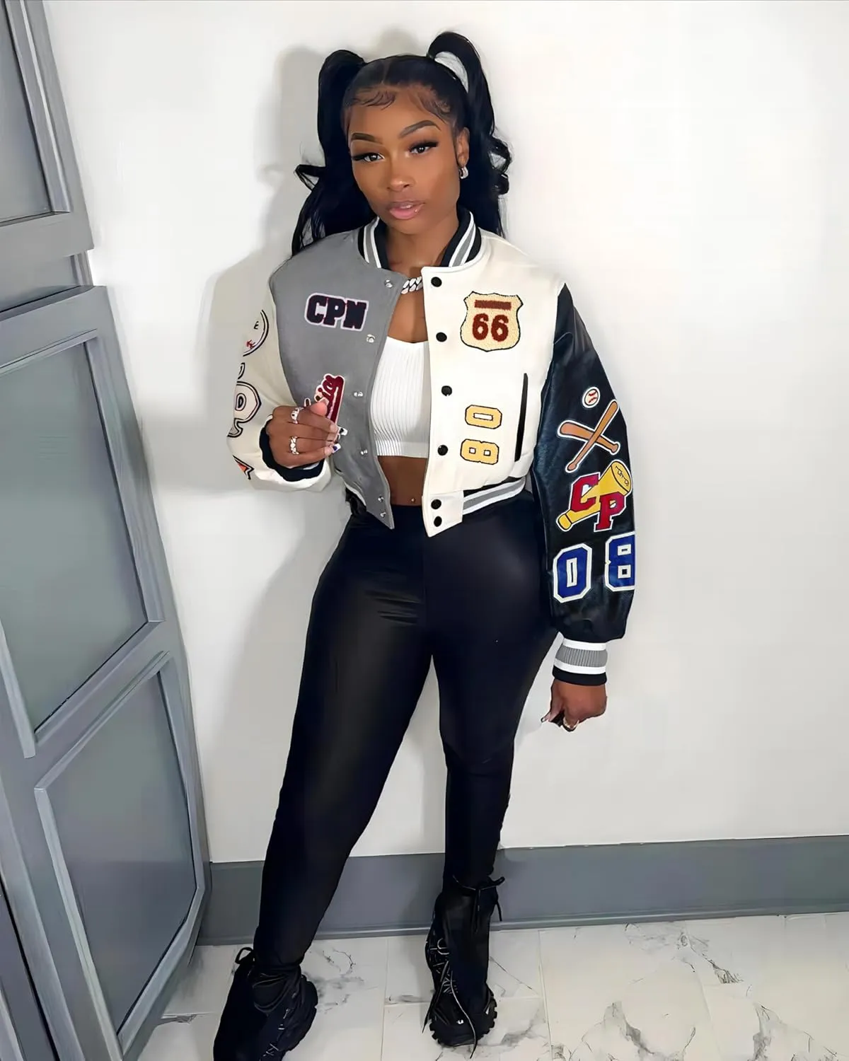 Glitrandi Varsity Jacket Women with Patches Print Cropped Bomber Leather Jacket Women 2025 S-XXL