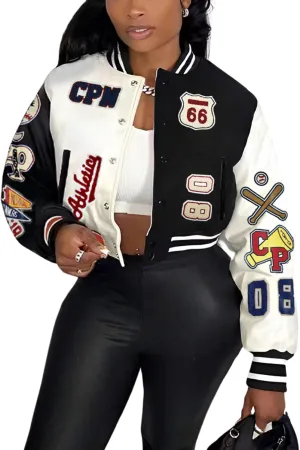 Glitrandi Varsity Jacket Women with Patches Print Cropped Bomber Leather Jacket Women 2025 S-XXL
