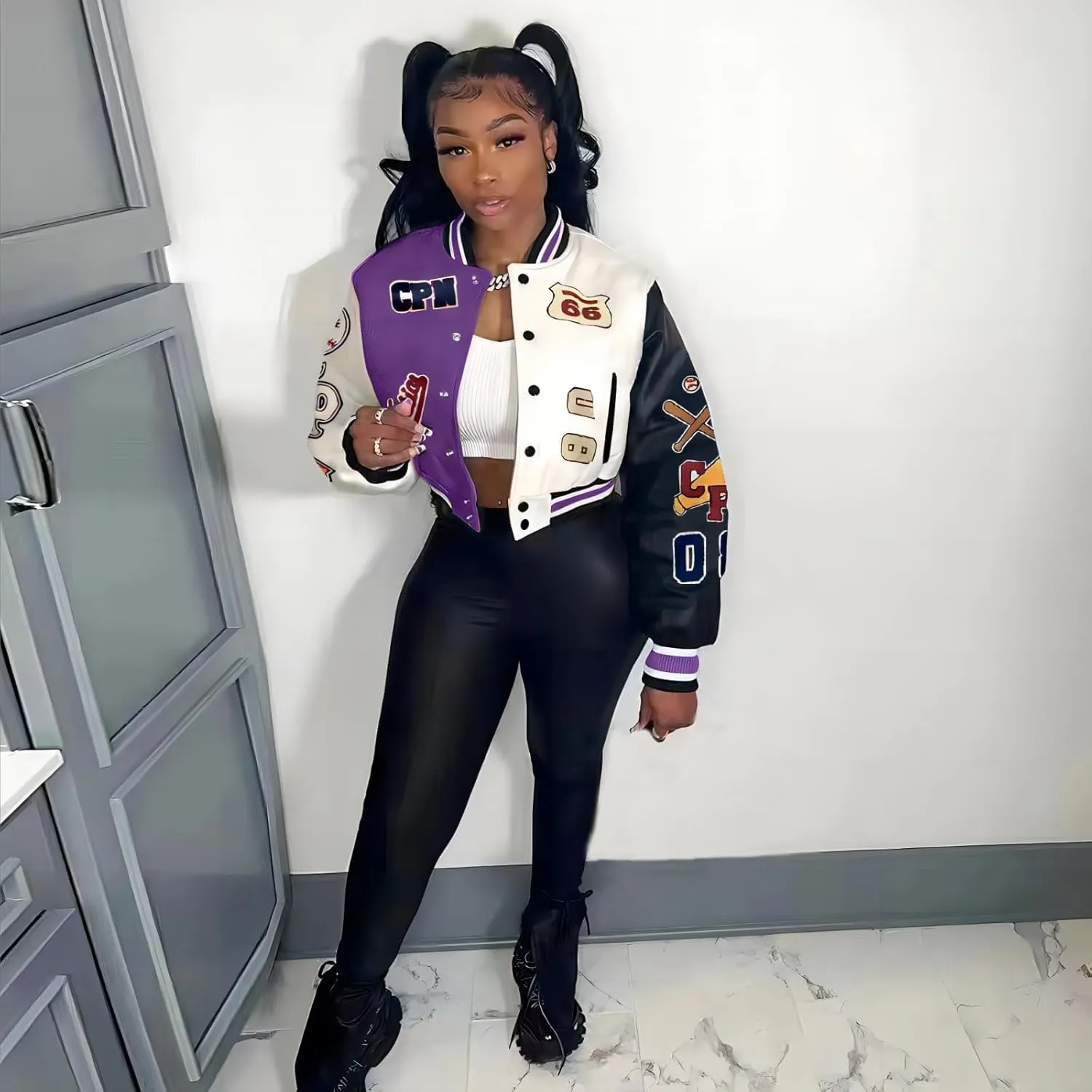 Glitrandi Varsity Jacket Women with Patches Print Cropped Bomber Leather Jacket Women 2025 S-XXL