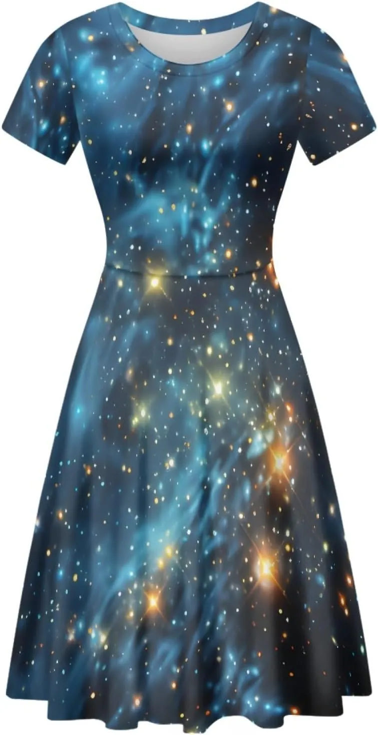 GLUDEAR Women's Short Sleeve Unique Black Sun Moon Stars Galaxy Print Casual Flared Midi Dress S-4XL