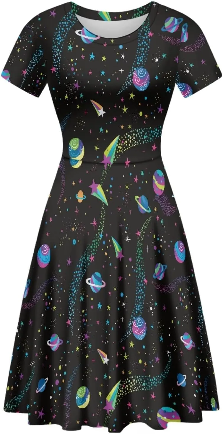 GLUDEAR Women's Short Sleeve Unique Black Sun Moon Stars Galaxy Print Casual Flared Midi Dress S-4XL