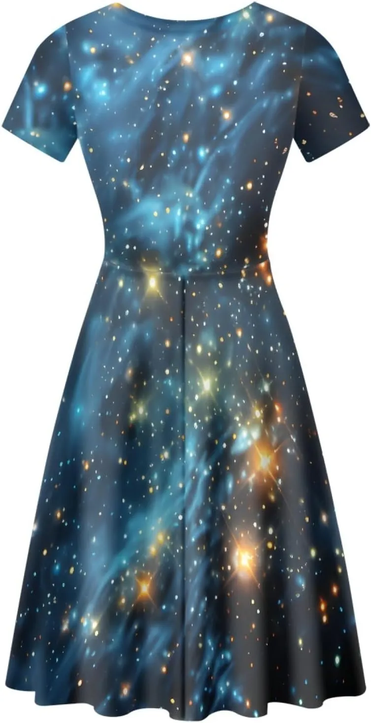 GLUDEAR Women's Short Sleeve Unique Black Sun Moon Stars Galaxy Print Casual Flared Midi Dress S-4XL