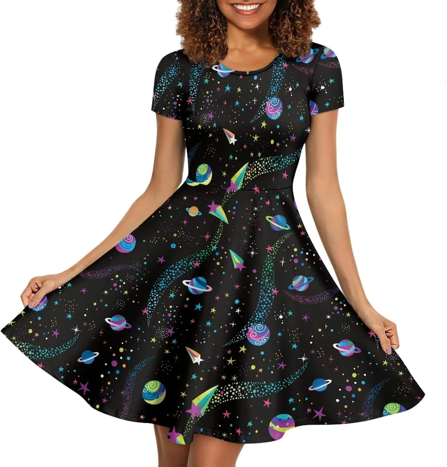 GLUDEAR Women's Short Sleeve Unique Black Sun Moon Stars Galaxy Print Casual Flared Midi Dress S-4XL