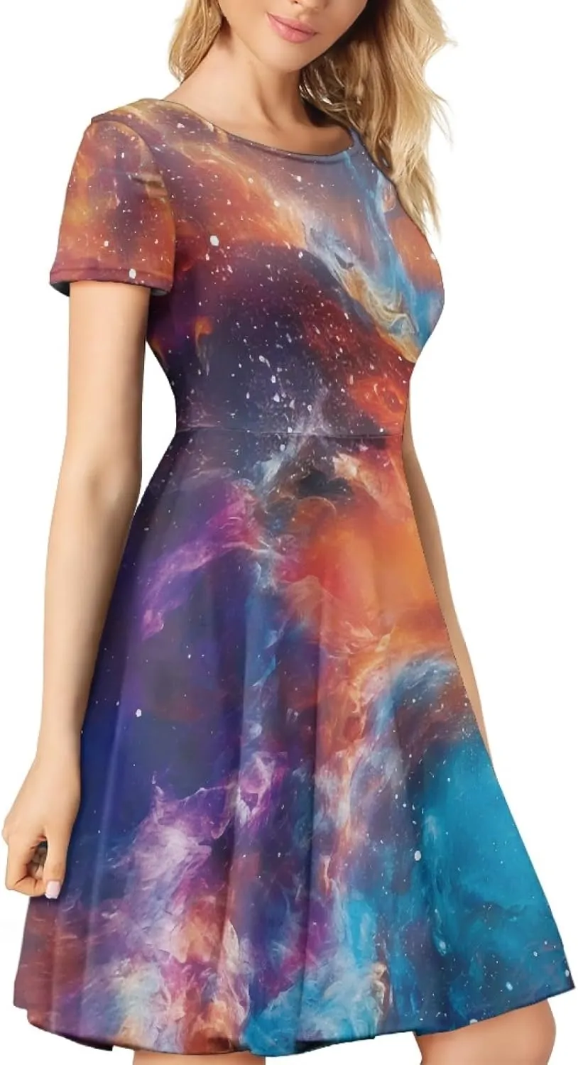 GLUDEAR Women's Short Sleeve Unique Black Sun Moon Stars Galaxy Print Casual Flared Midi Dress S-4XL
