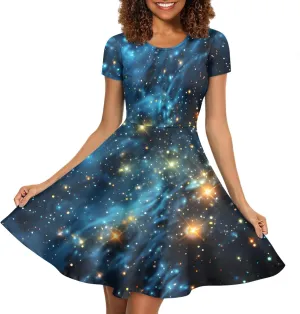 GLUDEAR Women's Short Sleeve Unique Black Sun Moon Stars Galaxy Print Casual Flared Midi Dress S-4XL