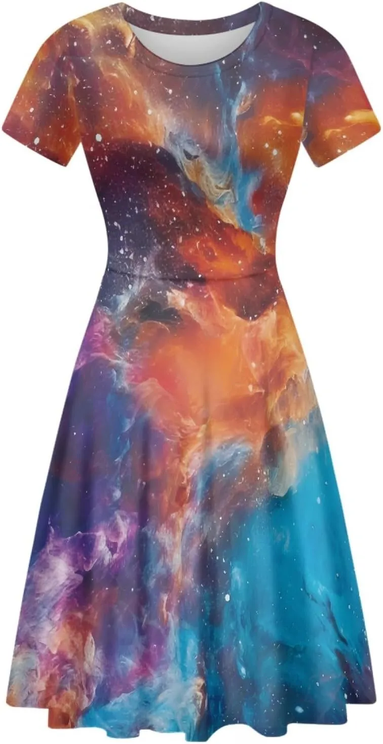 GLUDEAR Women's Short Sleeve Unique Black Sun Moon Stars Galaxy Print Casual Flared Midi Dress S-4XL