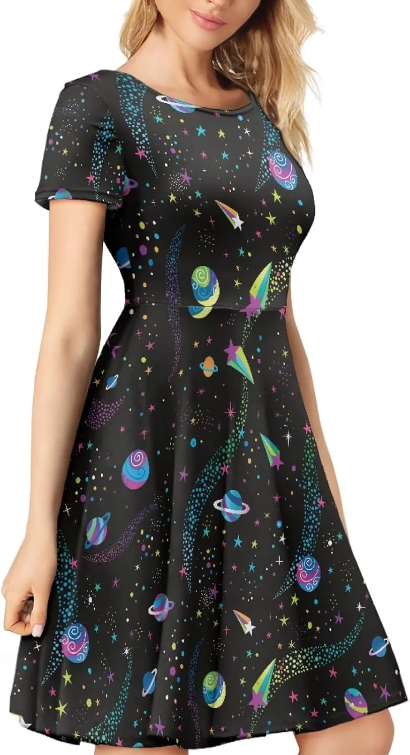 GLUDEAR Women's Short Sleeve Unique Black Sun Moon Stars Galaxy Print Casual Flared Midi Dress S-4XL