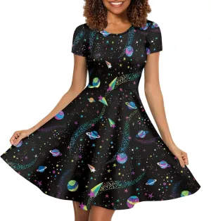 GLUDEAR Women's Short Sleeve Unique Black Sun Moon Stars Galaxy Print Casual Flared Midi Dress S-4XL