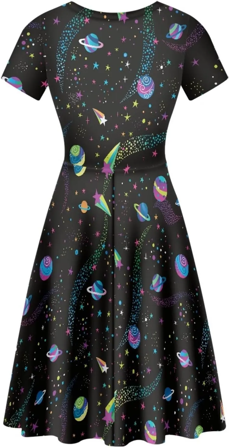 GLUDEAR Women's Short Sleeve Unique Black Sun Moon Stars Galaxy Print Casual Flared Midi Dress S-4XL