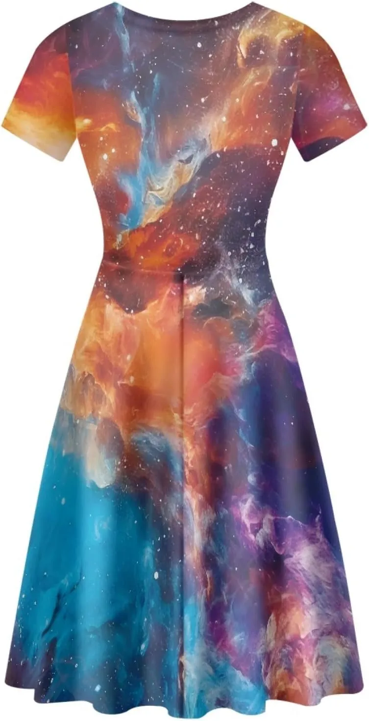 GLUDEAR Women's Short Sleeve Unique Black Sun Moon Stars Galaxy Print Casual Flared Midi Dress S-4XL