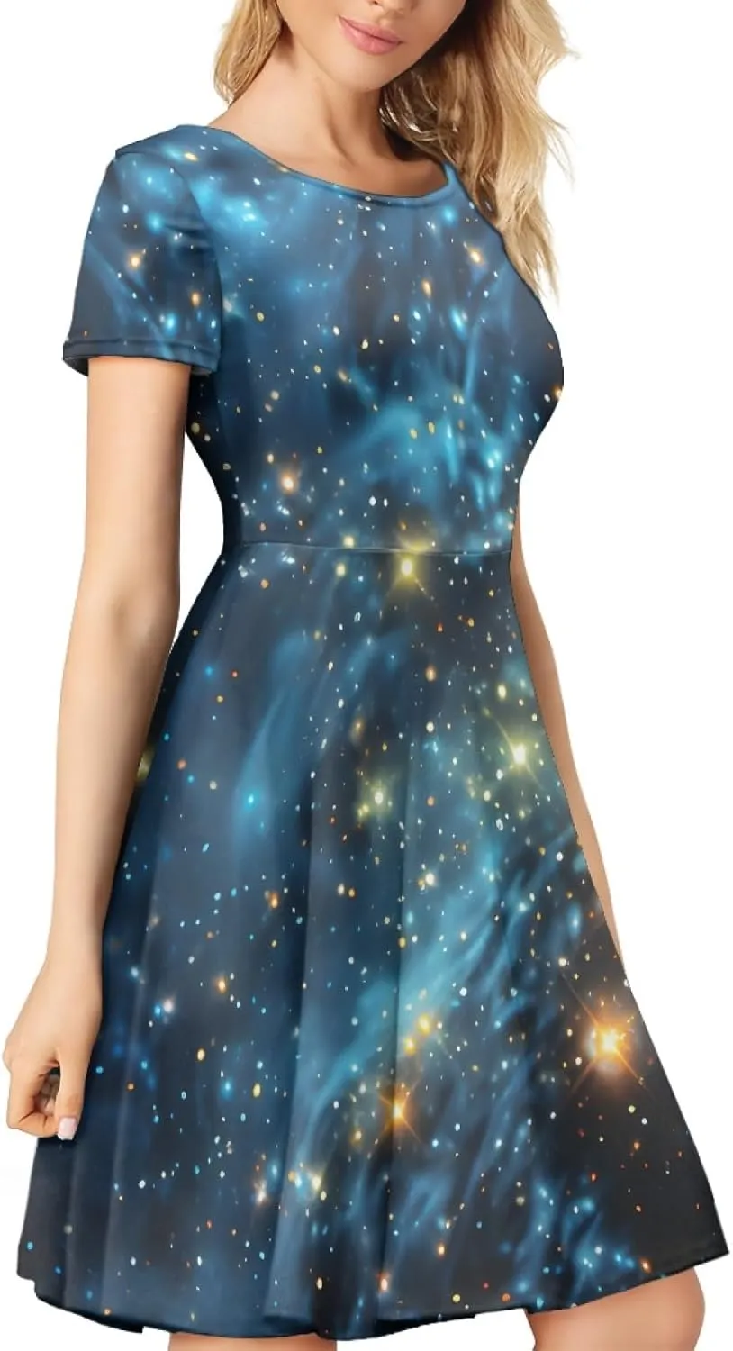 GLUDEAR Women's Short Sleeve Unique Black Sun Moon Stars Galaxy Print Casual Flared Midi Dress S-4XL