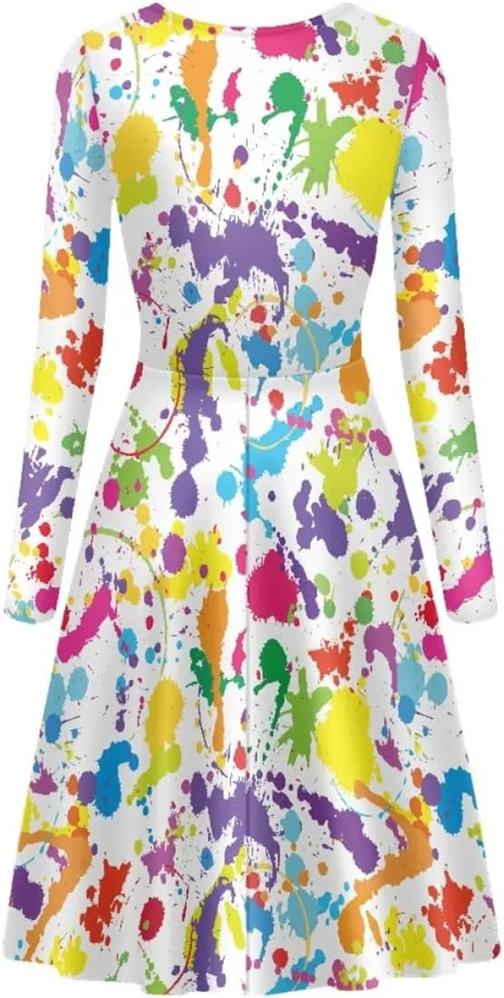 GLUDEAR Women's Van Gogh Art 3D Print Long Sleeve Unique Casual Flared Midi Dress