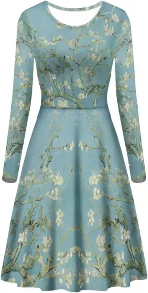 GLUDEAR Women's Van Gogh Art 3D Print Long Sleeve Unique Casual Flared Midi Dress