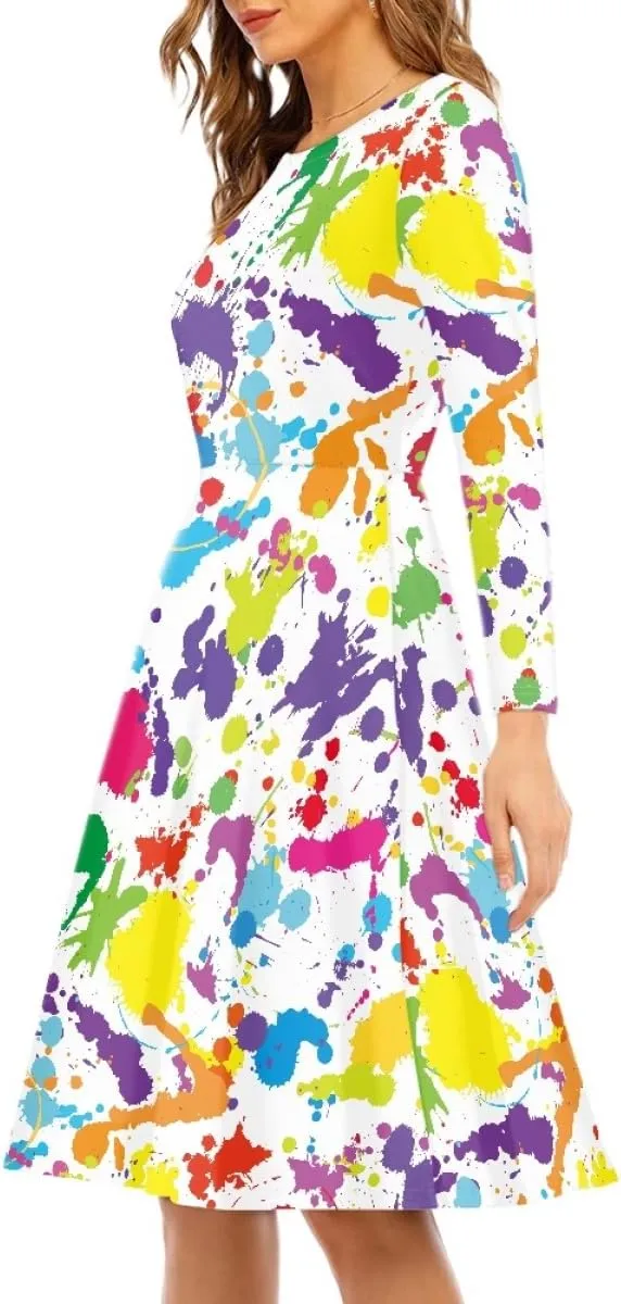 GLUDEAR Women's Van Gogh Art 3D Print Long Sleeve Unique Casual Flared Midi Dress