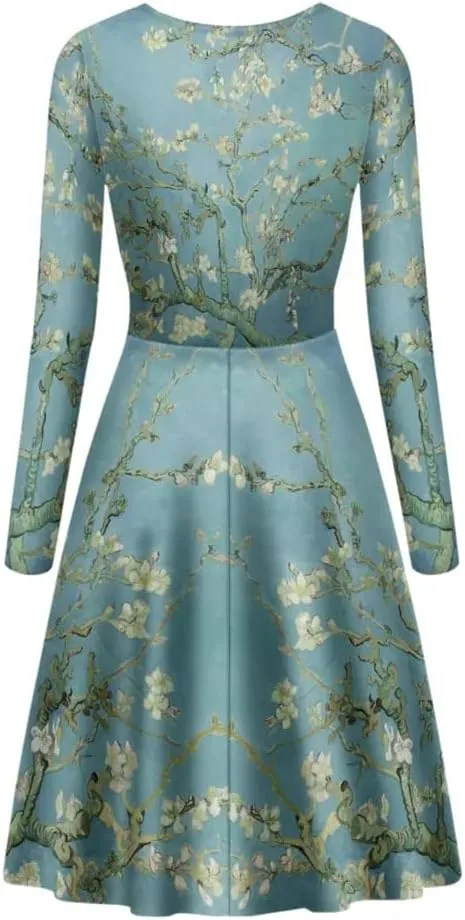 GLUDEAR Women's Van Gogh Art 3D Print Long Sleeve Unique Casual Flared Midi Dress