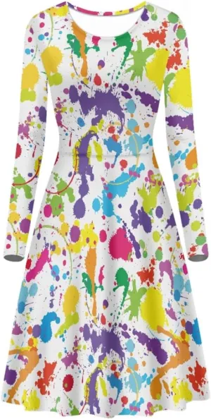 GLUDEAR Women's Van Gogh Art 3D Print Long Sleeve Unique Casual Flared Midi Dress