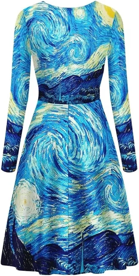 GLUDEAR Women's Van Gogh Art 3D Print Long Sleeve Unique Casual Flared Midi Dress