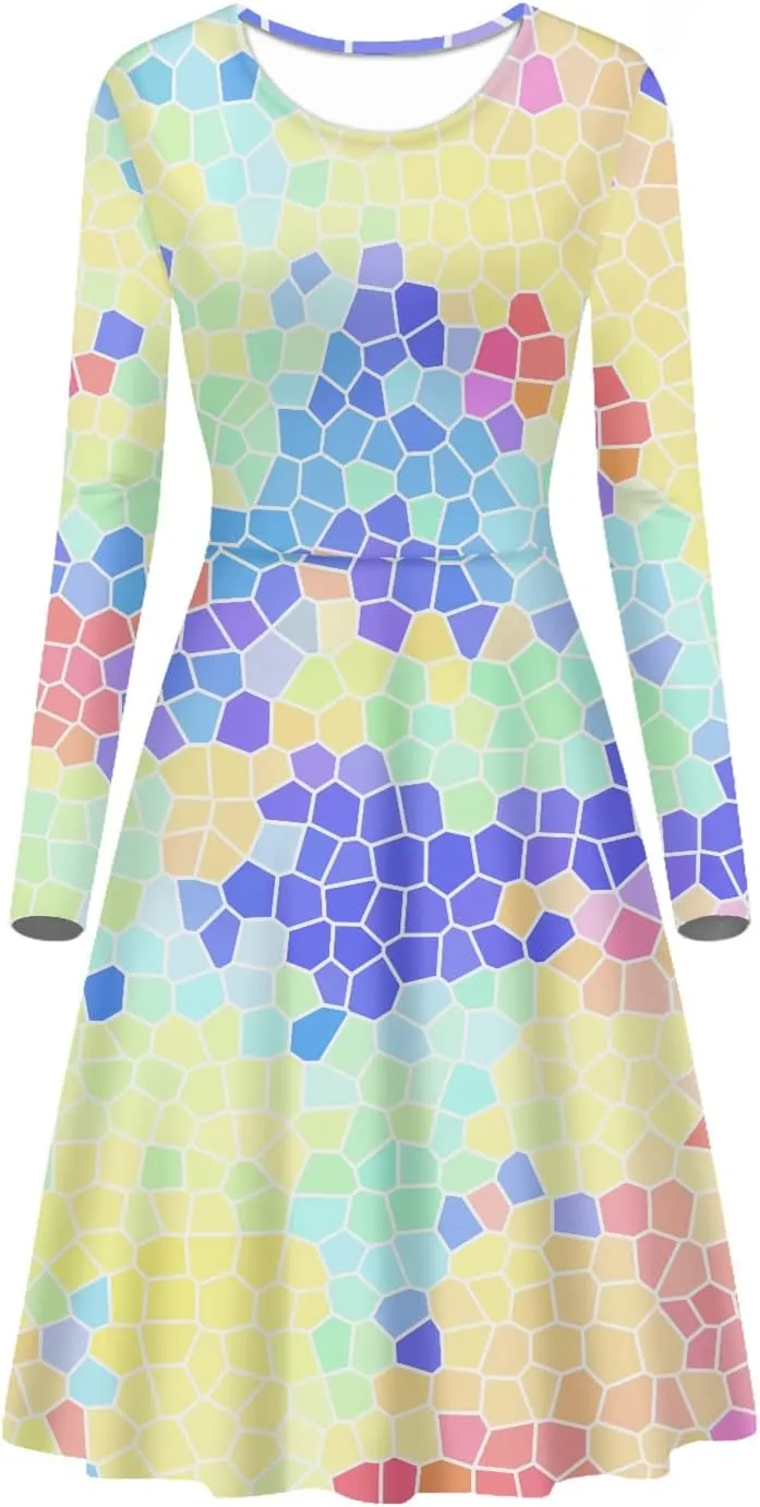 GLUDEAR Women's Van Gogh Art 3D Print Long Sleeve Unique Casual Flared Midi Dress