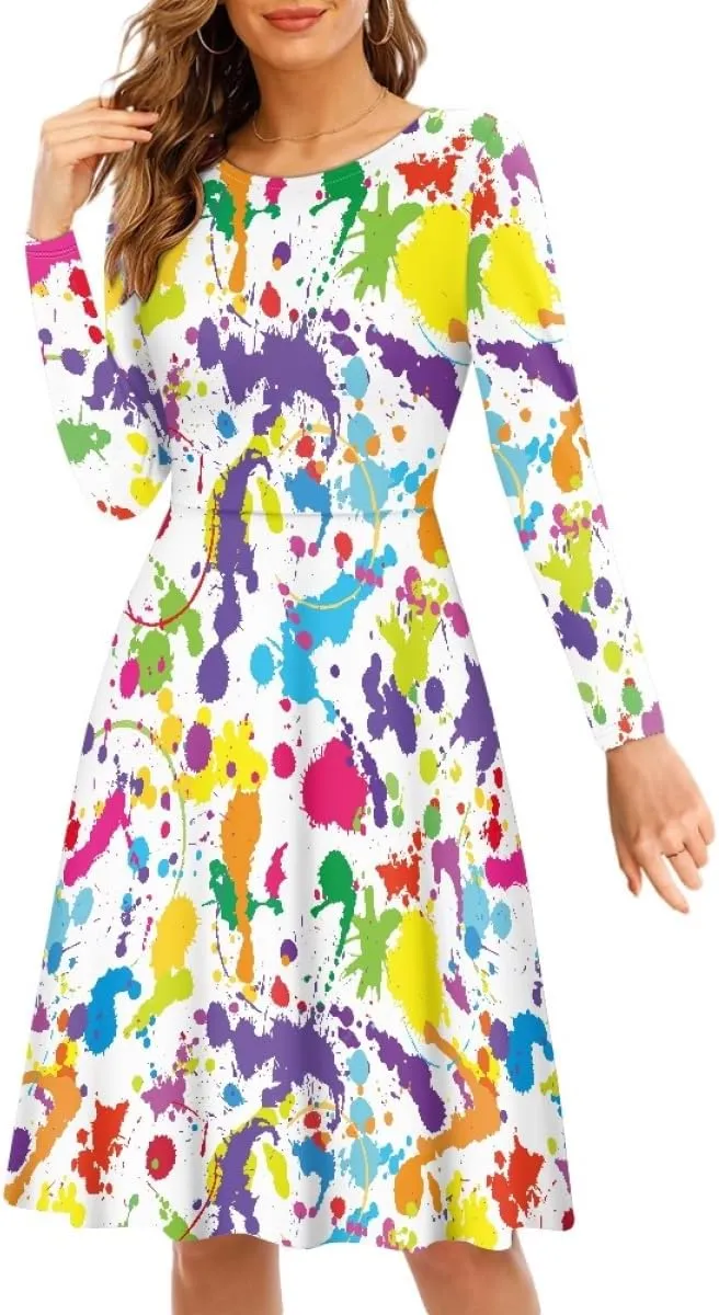 GLUDEAR Women's Van Gogh Art 3D Print Long Sleeve Unique Casual Flared Midi Dress