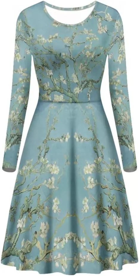 GLUDEAR Women's Van Gogh Art 3D Print Long Sleeve Unique Casual Flared Midi Dress