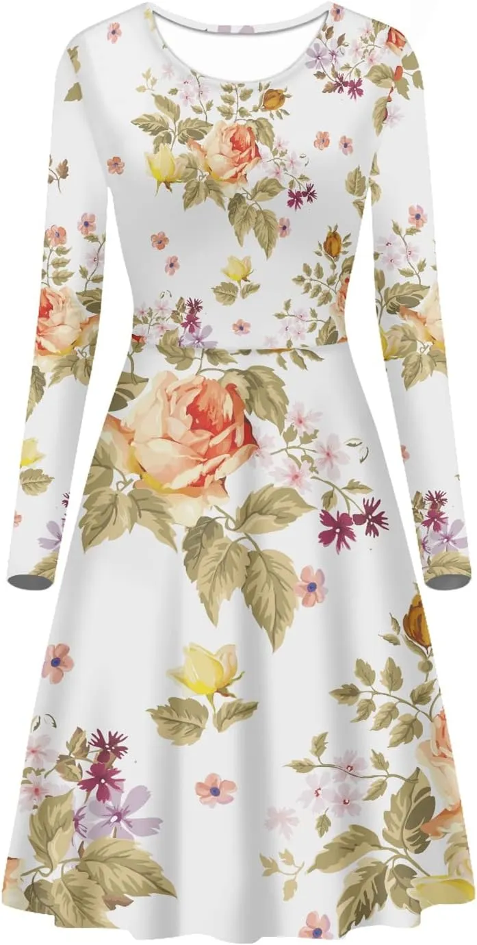 GLUDEAR Women's Van Gogh Art 3D Print Long Sleeve Unique Casual Flared Midi Dress