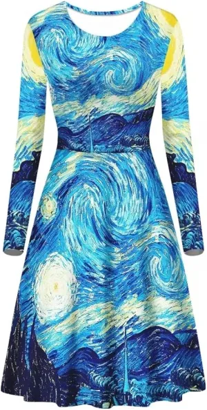 GLUDEAR Women's Van Gogh Art 3D Print Long Sleeve Unique Casual Flared Midi Dress