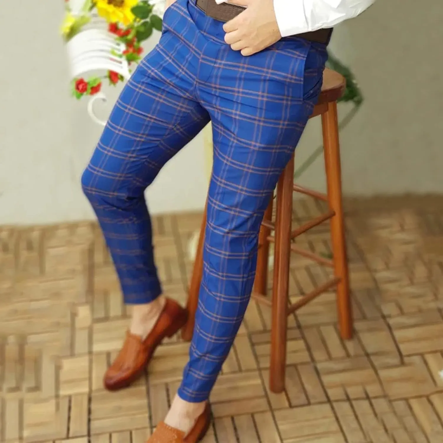 GOKKILRW Chinos for Men Casual Slim Fit Dress Pants Plaid Stretch Flat-Front Skinny Pants Business Work Pencil Lounge Pants