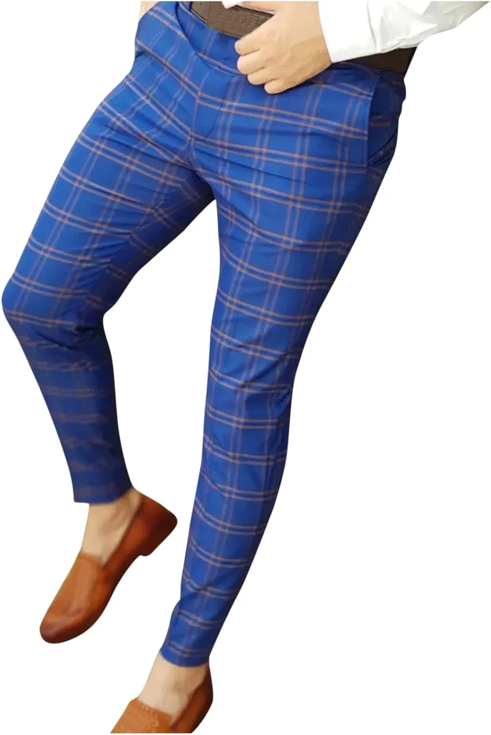 GOKKILRW Chinos for Men Casual Slim Fit Dress Pants Plaid Stretch Flat-Front Skinny Pants Business Work Pencil Lounge Pants