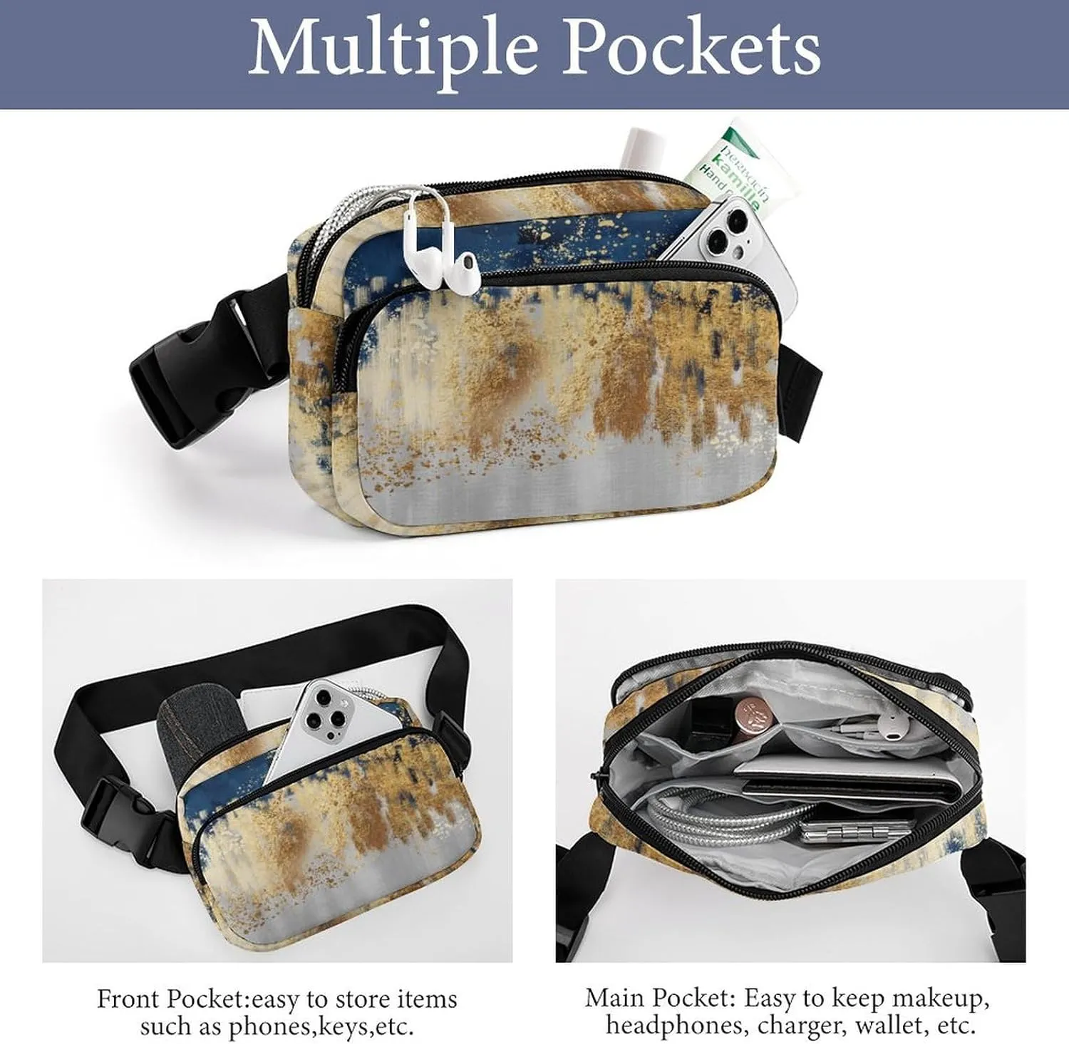 Golden Blue Gray Modern Art Belt Bag Fanny Pack for Women Men Crossbody Waist Bag Pack Adjustable Casual Bag for Travel Running Workout Cycling