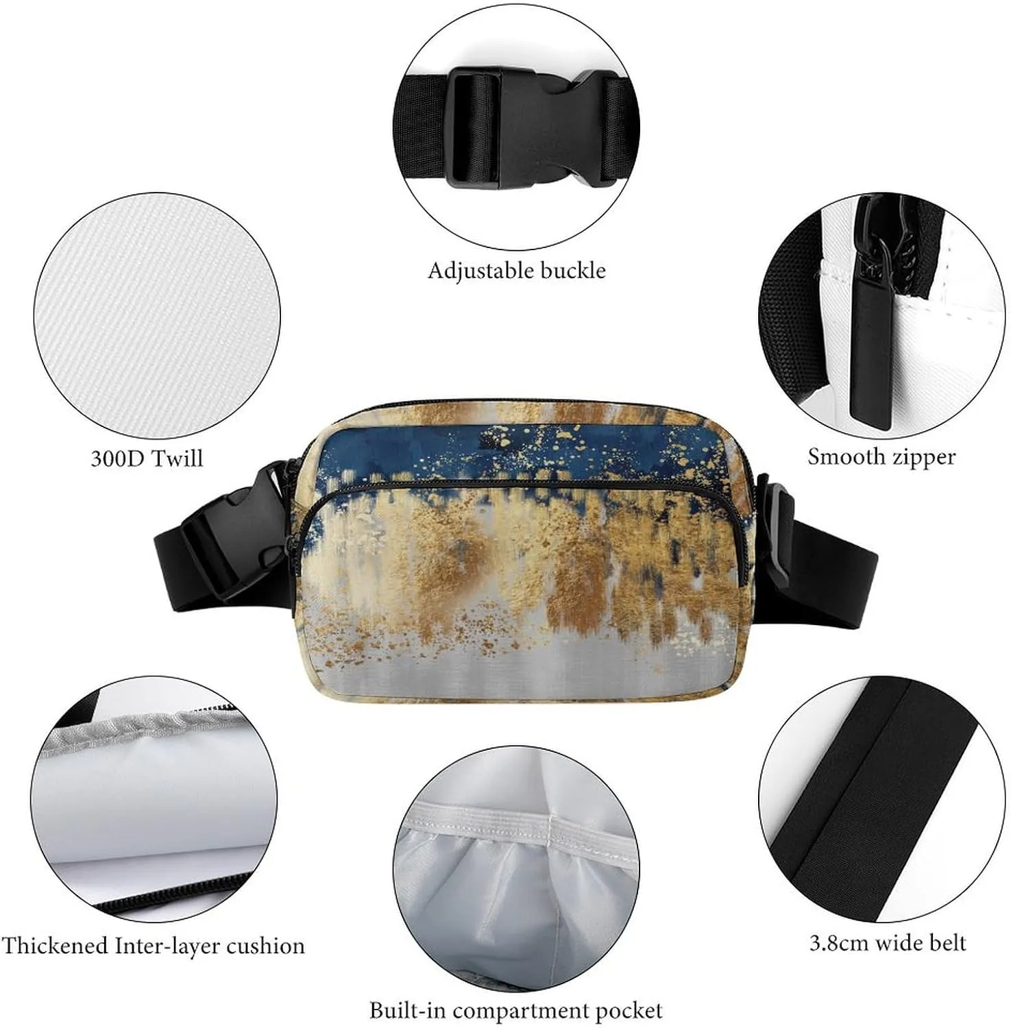 Golden Blue Gray Modern Art Belt Bag Fanny Pack for Women Men Crossbody Waist Bag Pack Adjustable Casual Bag for Travel Running Workout Cycling