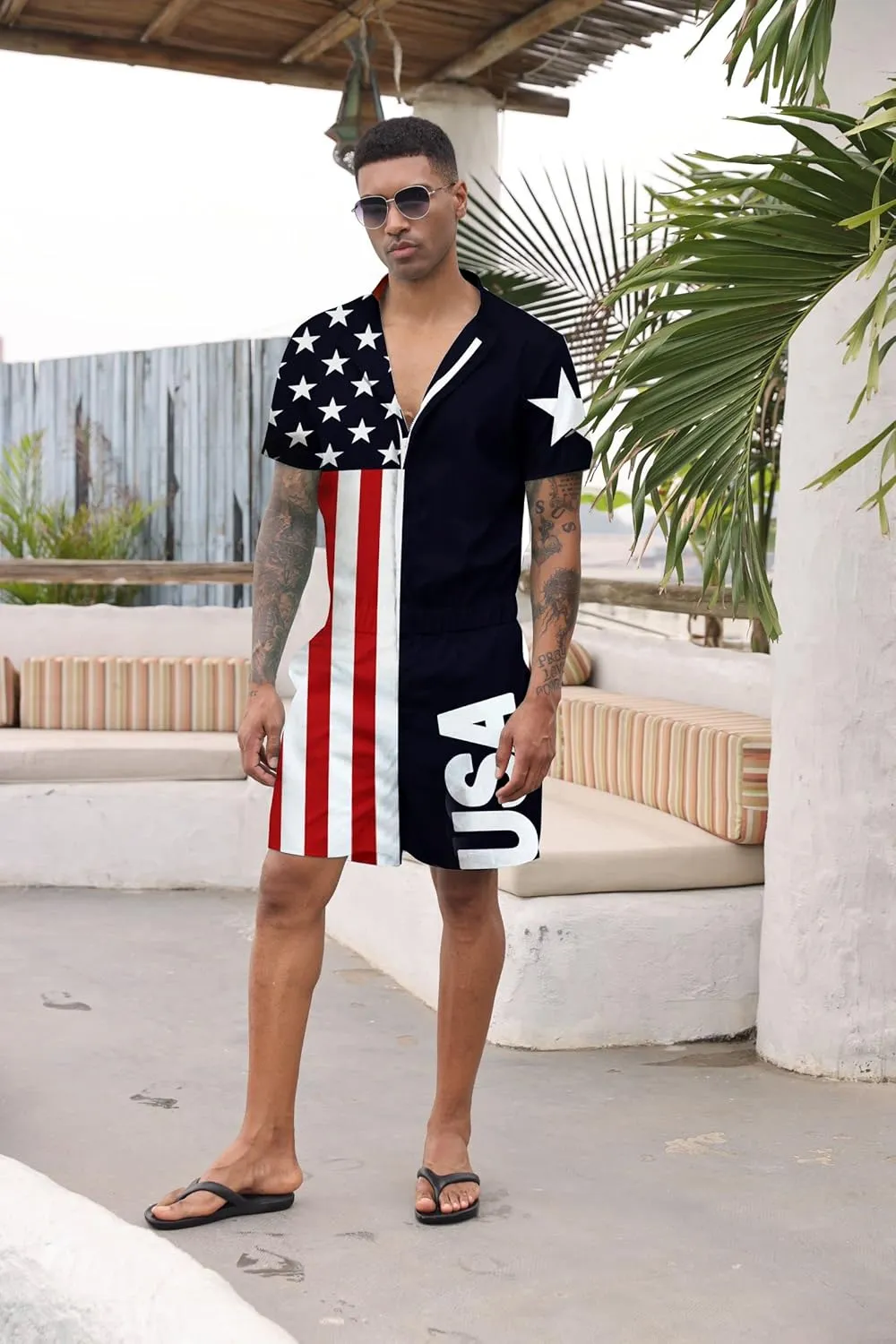 Goodstoworld Male Hawaiian Romper Fashion Zipper Slim Fit Jumpsuit with Pocket S-XXL