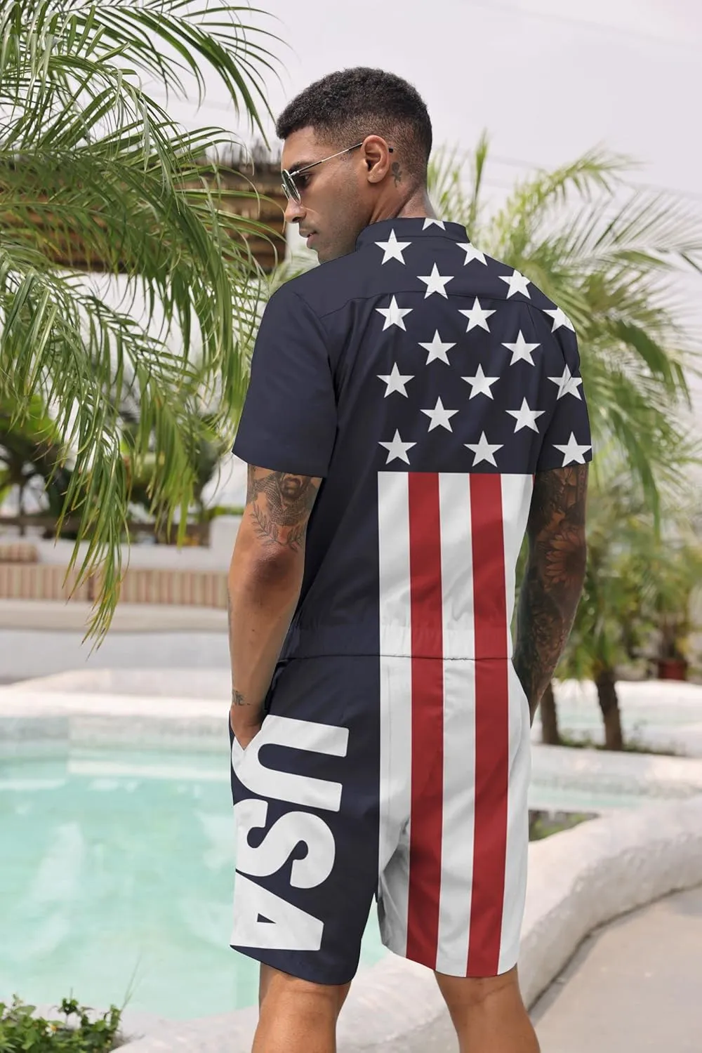 Goodstoworld Male Hawaiian Romper Fashion Zipper Slim Fit Jumpsuit with Pocket S-XXL
