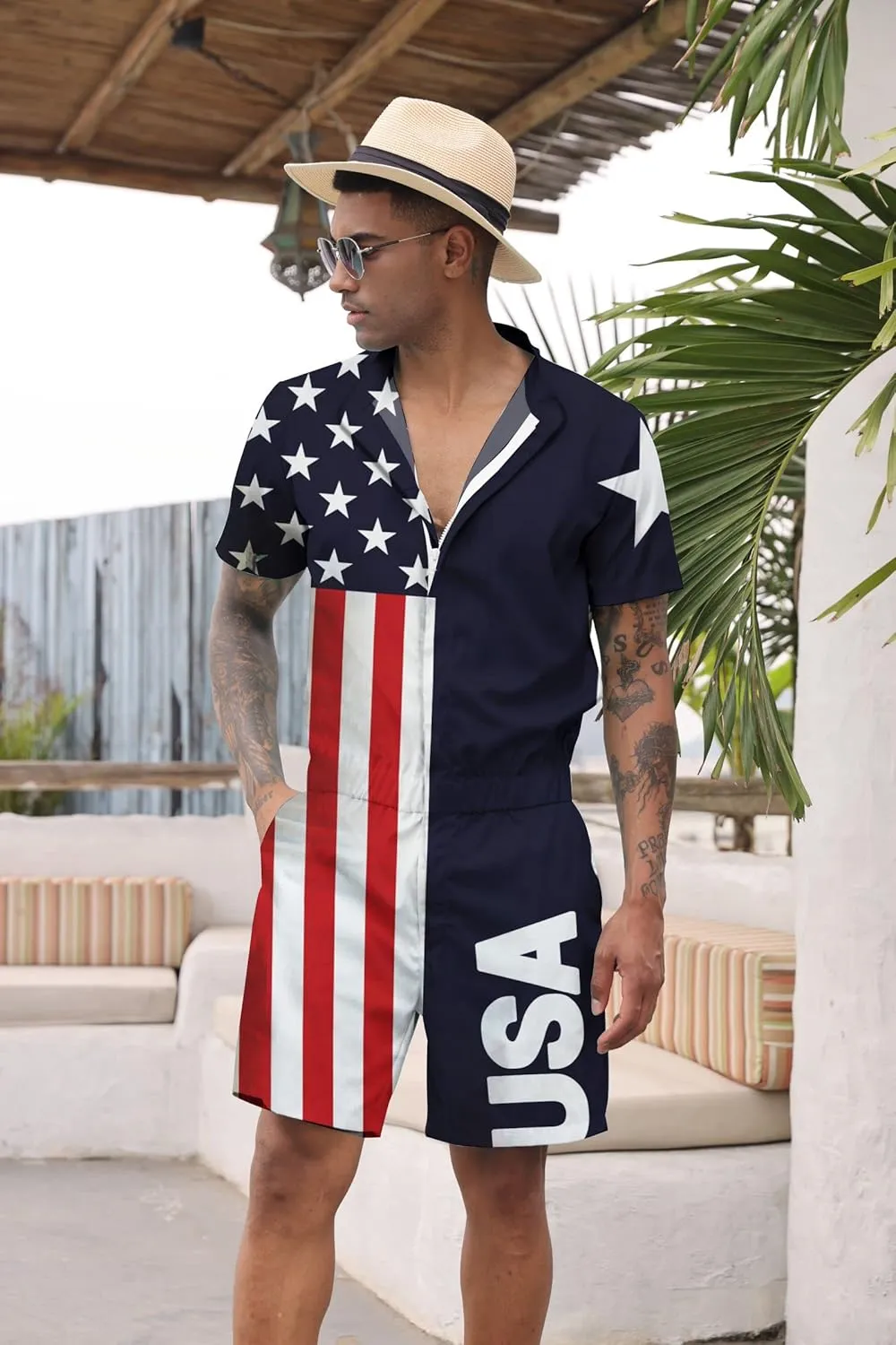 Goodstoworld Male Hawaiian Romper Fashion Zipper Slim Fit Jumpsuit with Pocket S-XXL