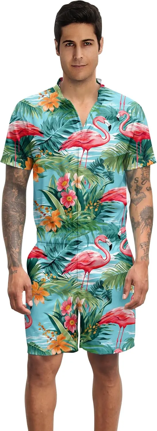 Goodstoworld Male Hawaiian Romper Fashion Zipper Slim Fit Jumpsuit with Pocket S-XXL