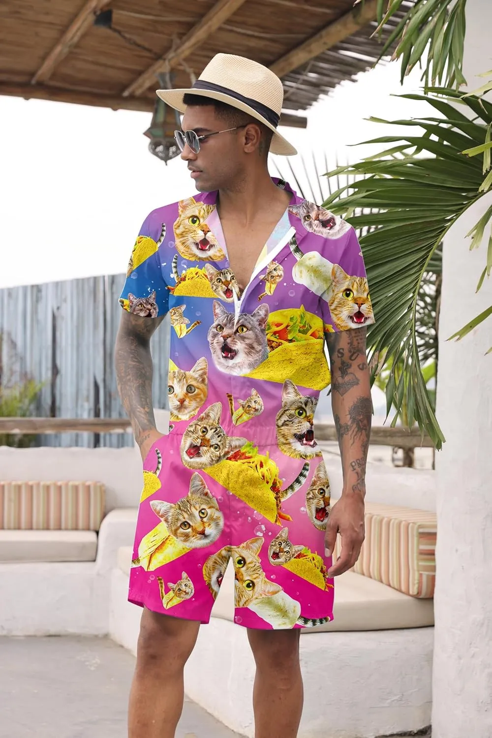 Goodstoworld Male Hawaiian Romper Fashion Zipper Slim Fit Jumpsuit with Pocket S-XXL