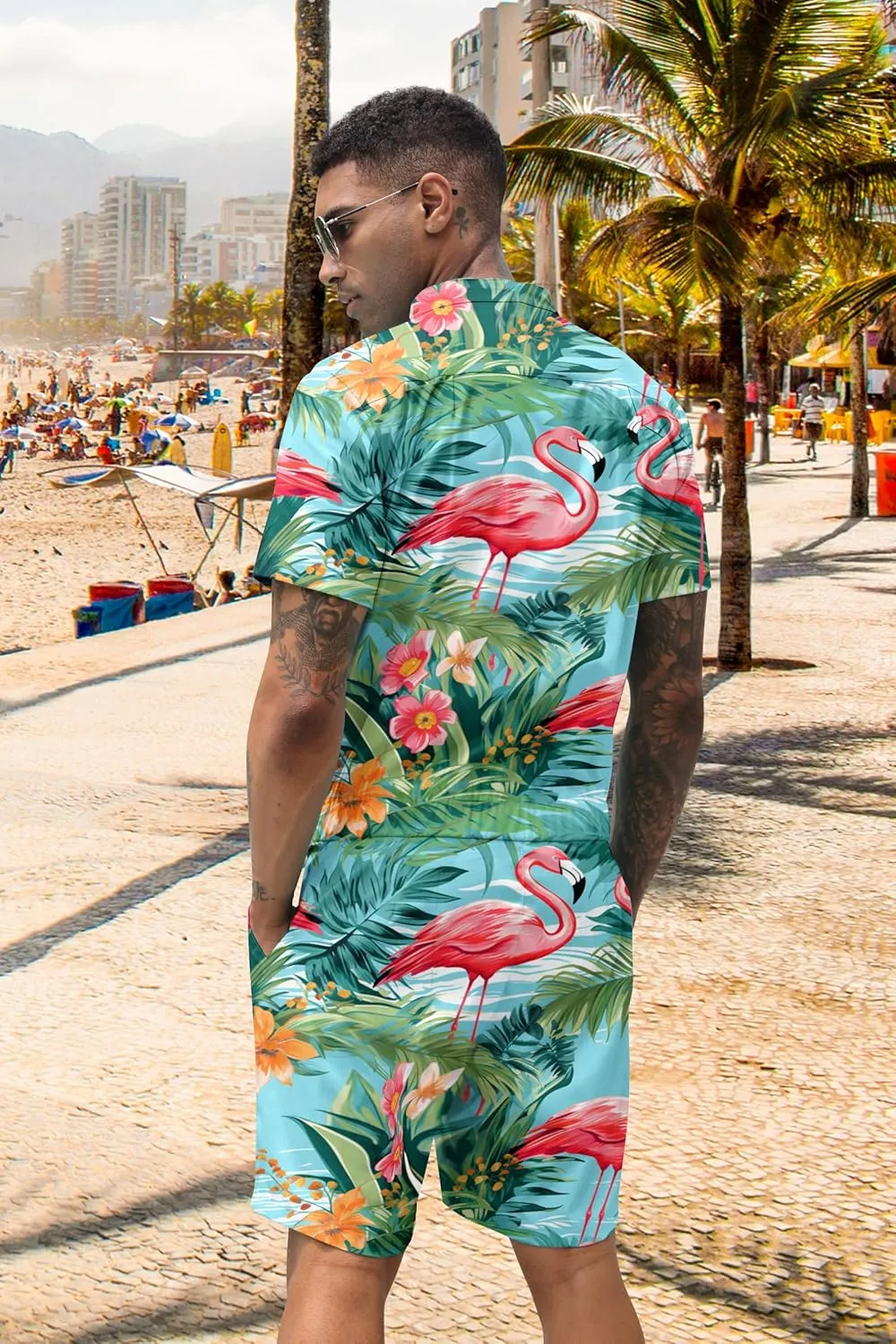 Goodstoworld Male Hawaiian Romper Fashion Zipper Slim Fit Jumpsuit with Pocket S-XXL