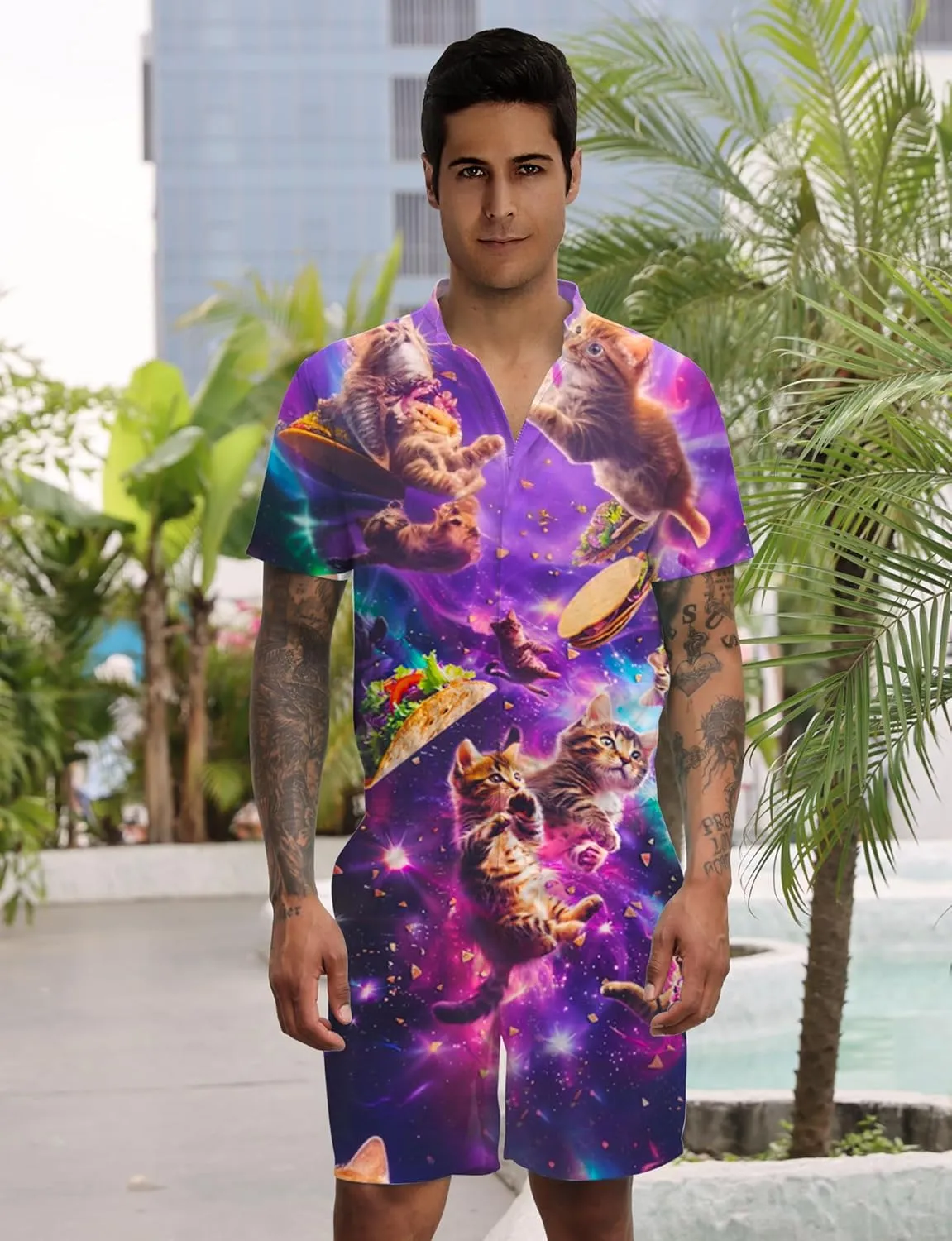 Goodstoworld Male Hawaiian Romper Fashion Zipper Slim Fit Jumpsuit with Pocket S-XXL