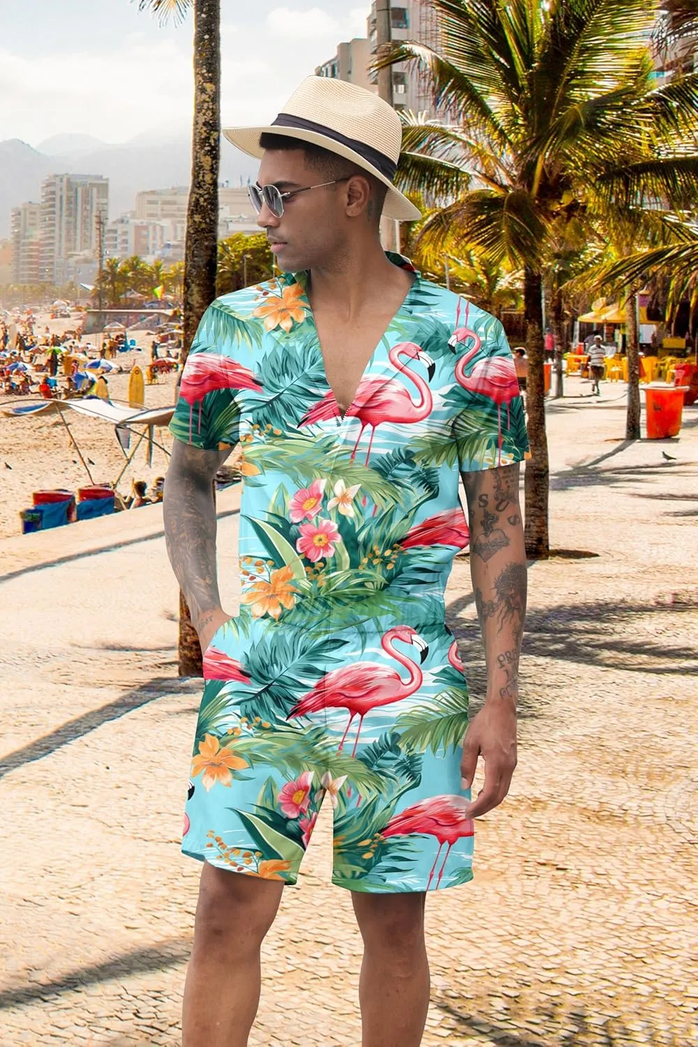 Goodstoworld Male Hawaiian Romper Fashion Zipper Slim Fit Jumpsuit with Pocket S-XXL