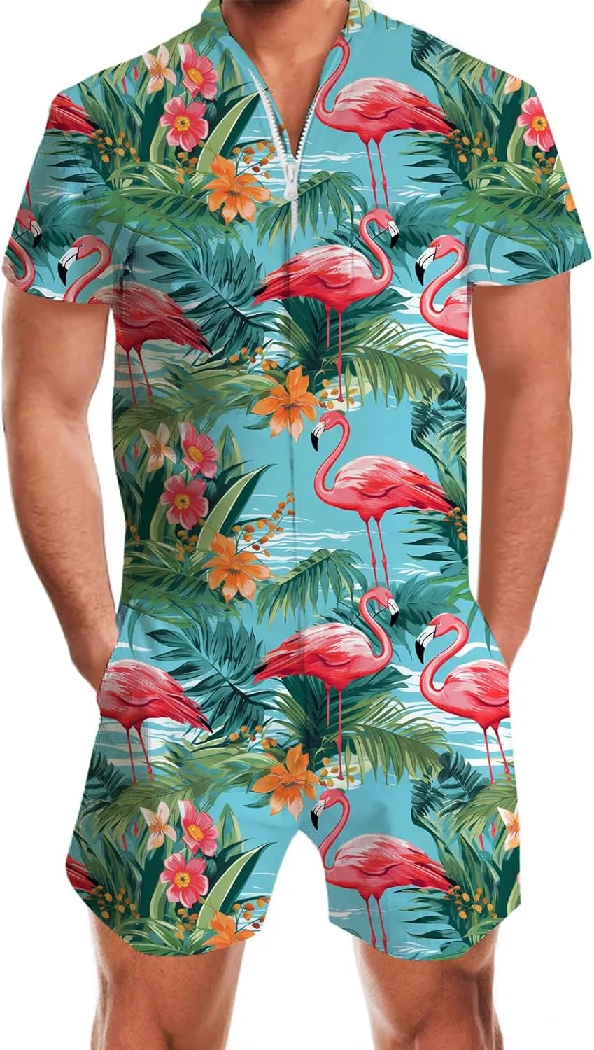 Goodstoworld Male Hawaiian Romper Fashion Zipper Slim Fit Jumpsuit with Pocket S-XXL