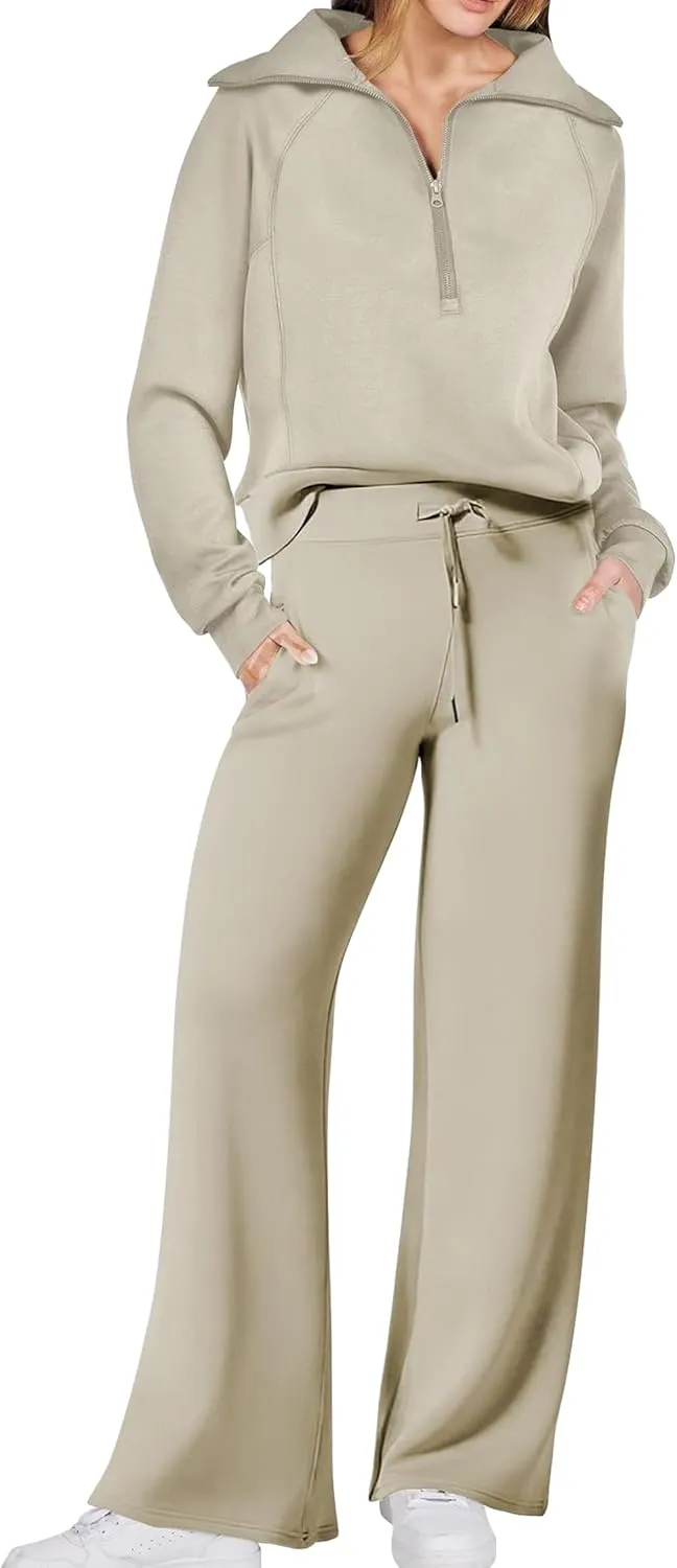 GORIFE Women's 2 Piece Lounge Set Lapel Fall Outfits Long Sleeve Tracksuit Half Zip Sweatsuit Matching Set