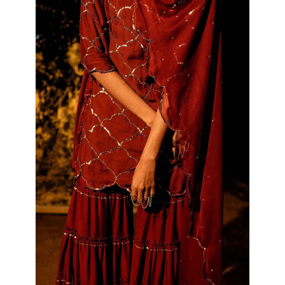 Gulaal Vilasini Sequin Kurta with Sharara & Dupatta Maroon (Set of 3)