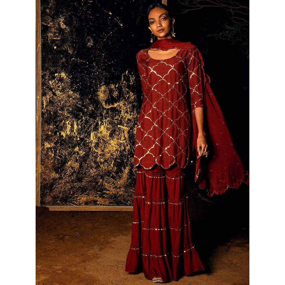 Gulaal Vilasini Sequin Kurta with Sharara & Dupatta Maroon (Set of 3)