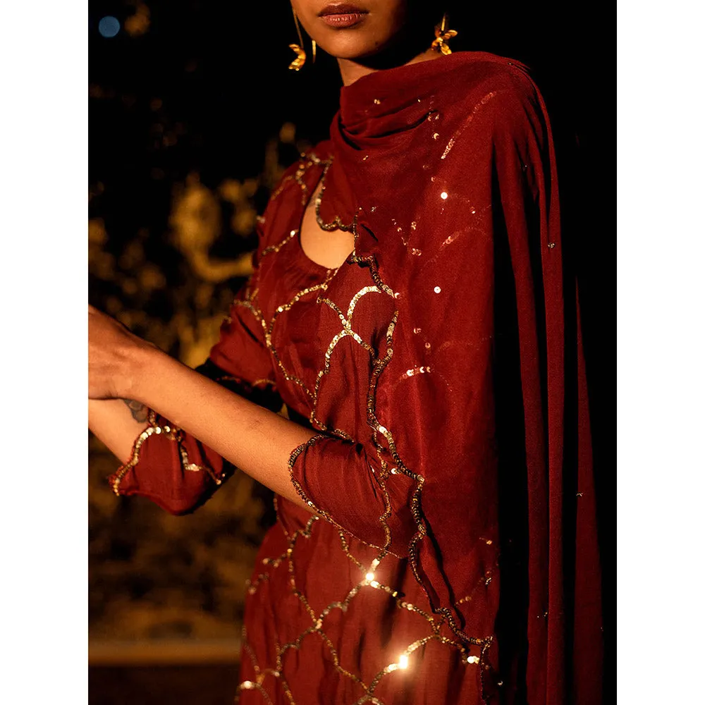 Gulaal Vilasini Sequin Kurta with Sharara & Dupatta Maroon (Set of 3)