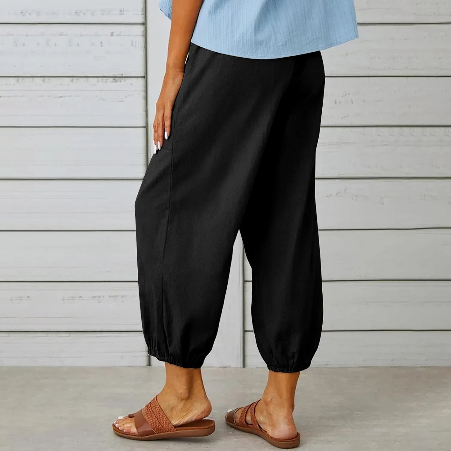 High Waist Cotton Linen Pants for Women Casual Summer Drawstring Lounge Pants Loose Cropped Trousers with Pockets