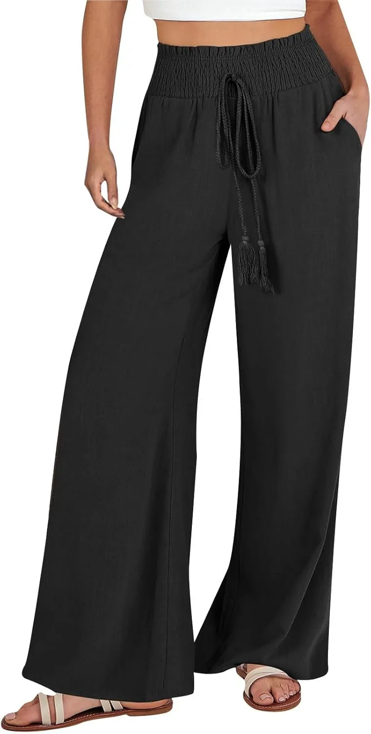 High Waist Wide Leg Palazzo Pants for Women 2024 Summer Casual Linen Lounge Pant Beach Flowy Trousers