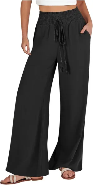 High Waist Wide Leg Palazzo Pants for Women 2024 Summer Casual Linen Lounge Pant Beach Flowy Trousers