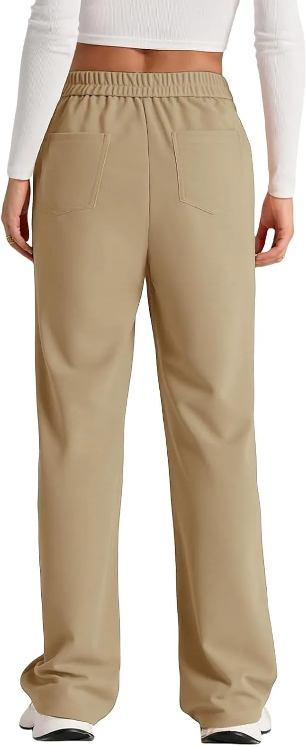 High Waist Work Pants for Women Business Work Casual Trousers Straight Leg Button Down Pants with Pockets Office Dress