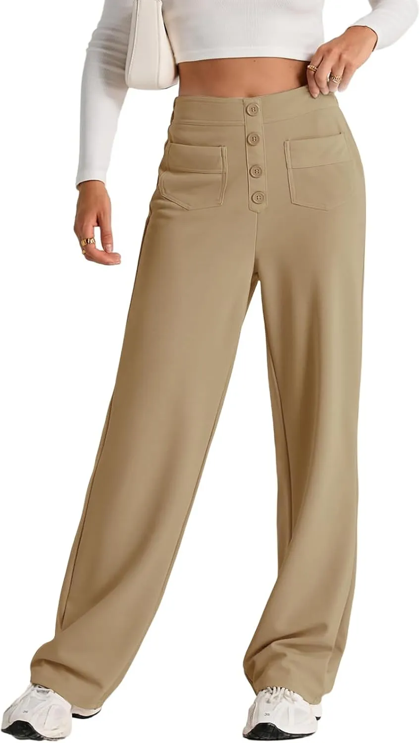 High Waist Work Pants for Women Business Work Casual Trousers Straight Leg Button Down Pants with Pockets Office Dress