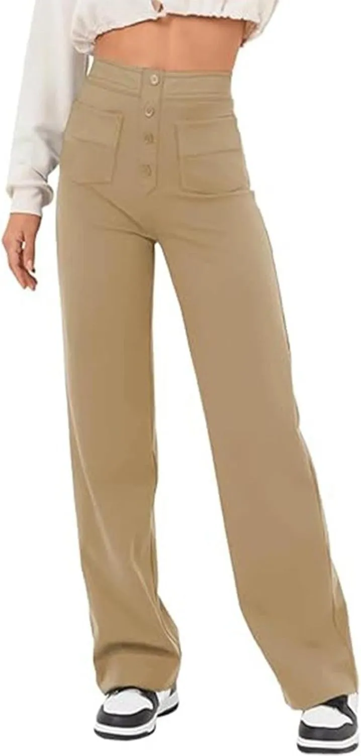 High Waist Work Pants for Women Business Work Casual Trousers Straight Leg Button Down Pants with Pockets Office Dress