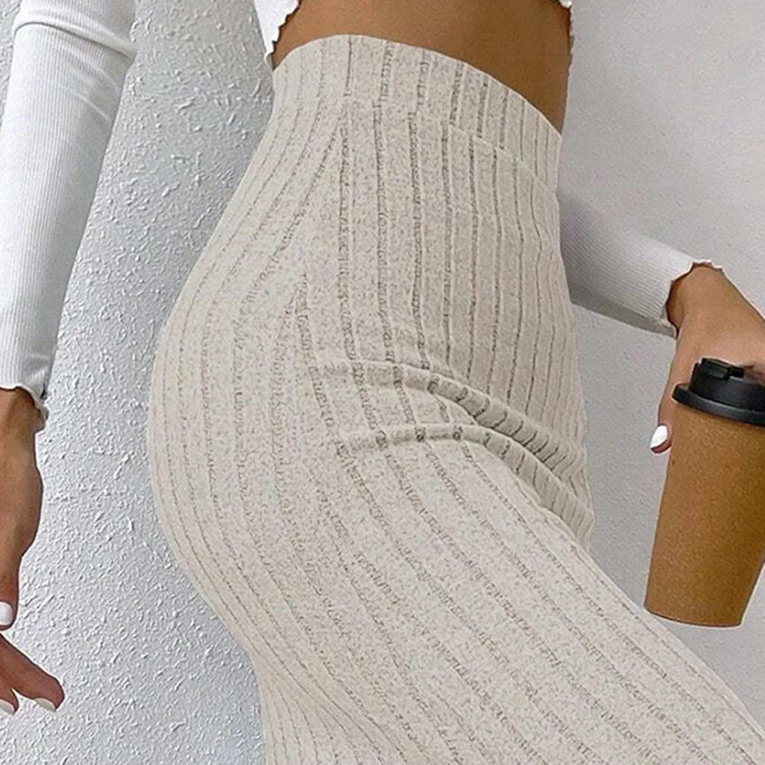 High Waisted Maxi Skirt Solid Color Long Women's High-waisted Knitted Slimming Commuting Style with Side Slit Elastic